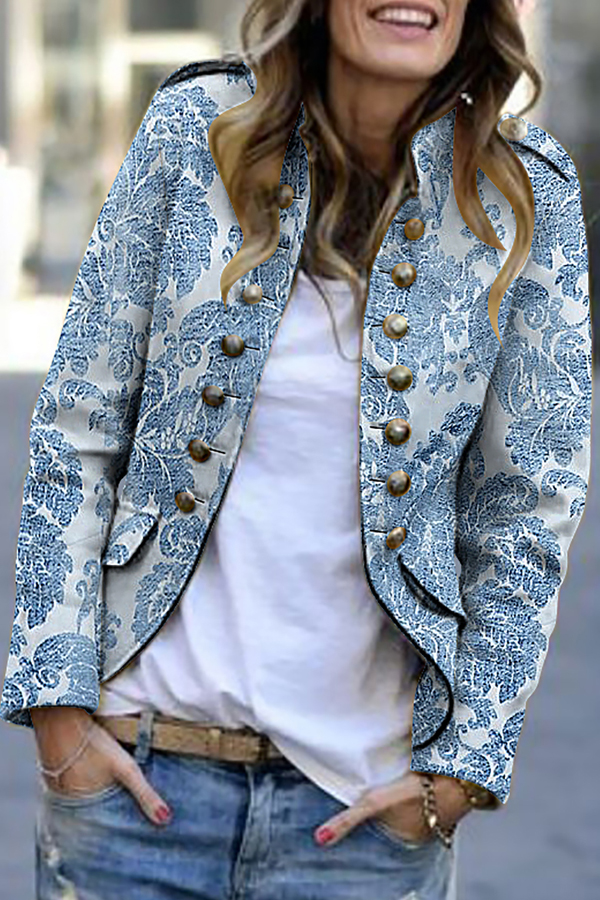 Flower Print Military Style Jacket - Spring Outfit - Blazers