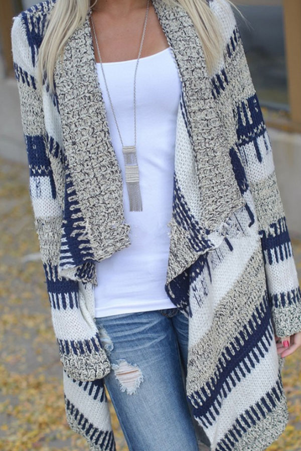 Lovely Knit Asymmetric Cardigan in grey, blue and white - fall outfits