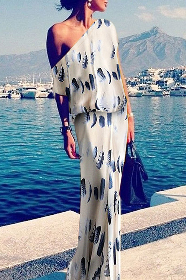 gorgeous one-shoulder white maxi dress with leaf printed