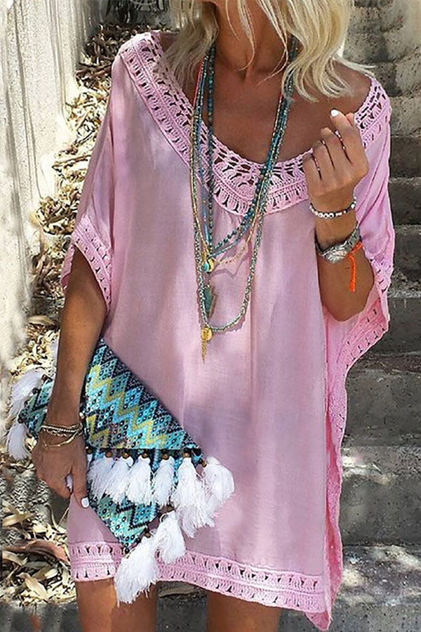 i love this summer outfit ! a beautiful pale rose beach dress with boho necklace and a cute hippychic clutch