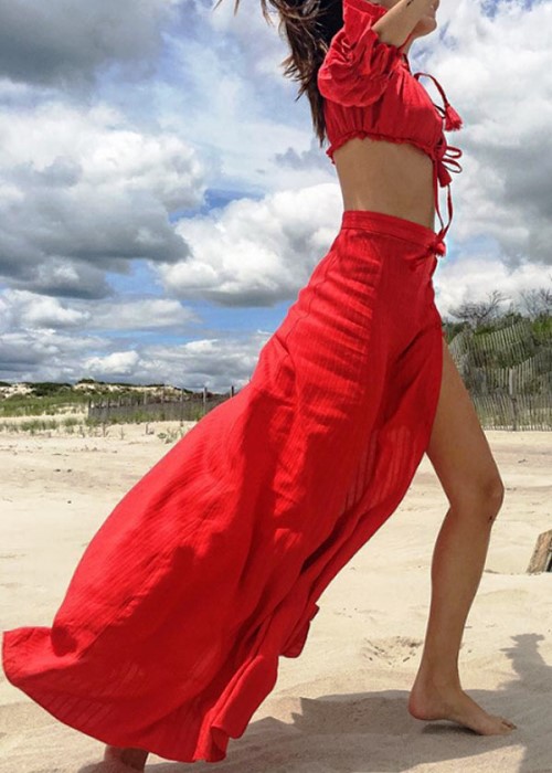 summer beach style two parts red dress - long skirt with high split