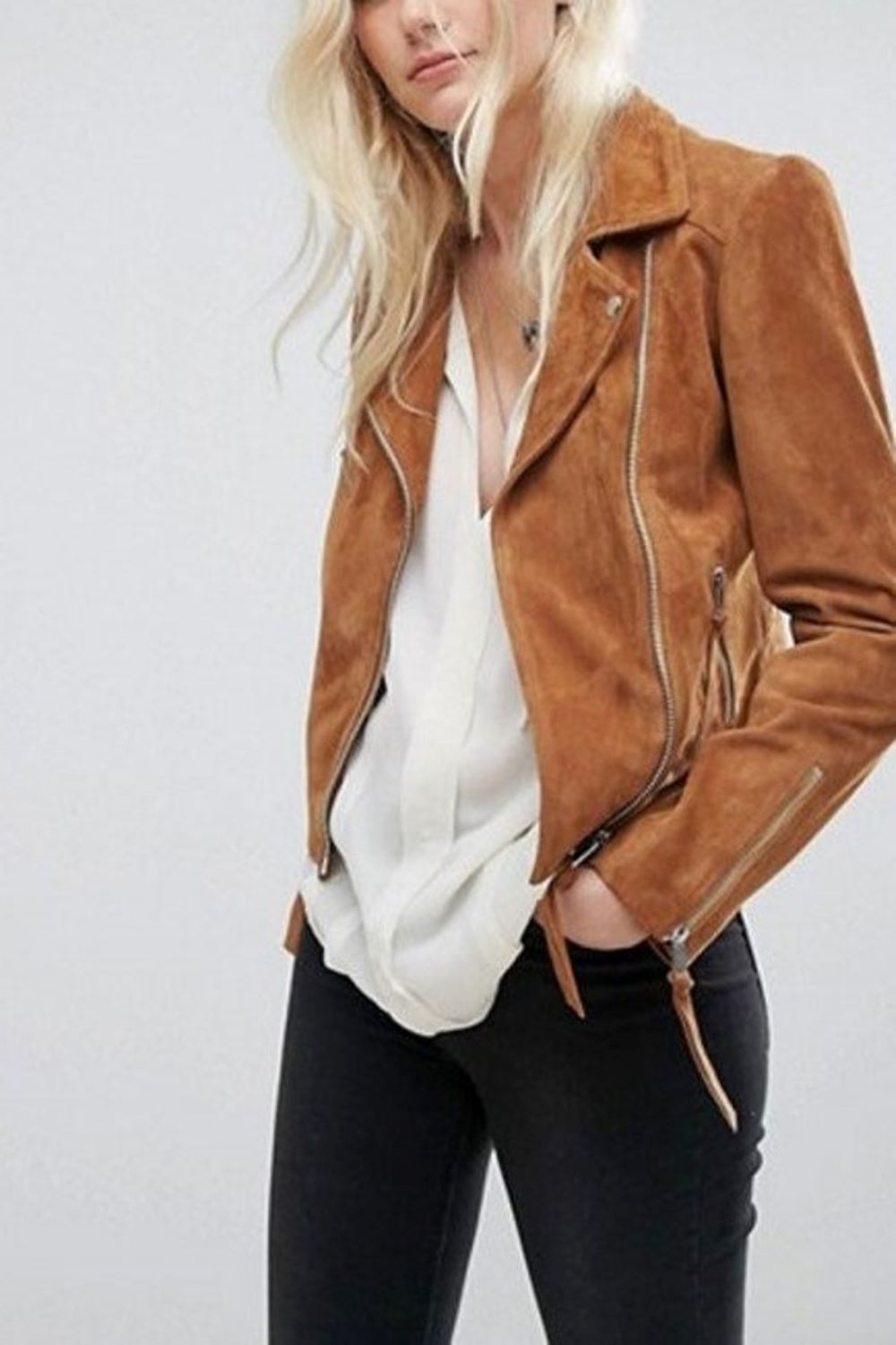 A relaxed look for the weekend white bluose and Suede Leather Jacket
