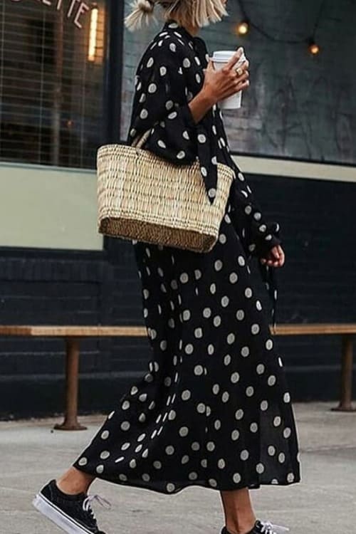 Casual Loose Polka Dot MaxiDress with Long Sleeves