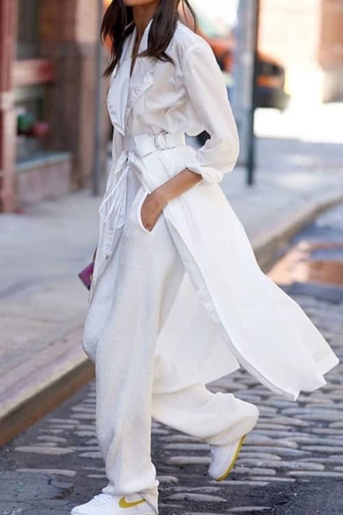 White is trending this season! off white look with a long trench coat