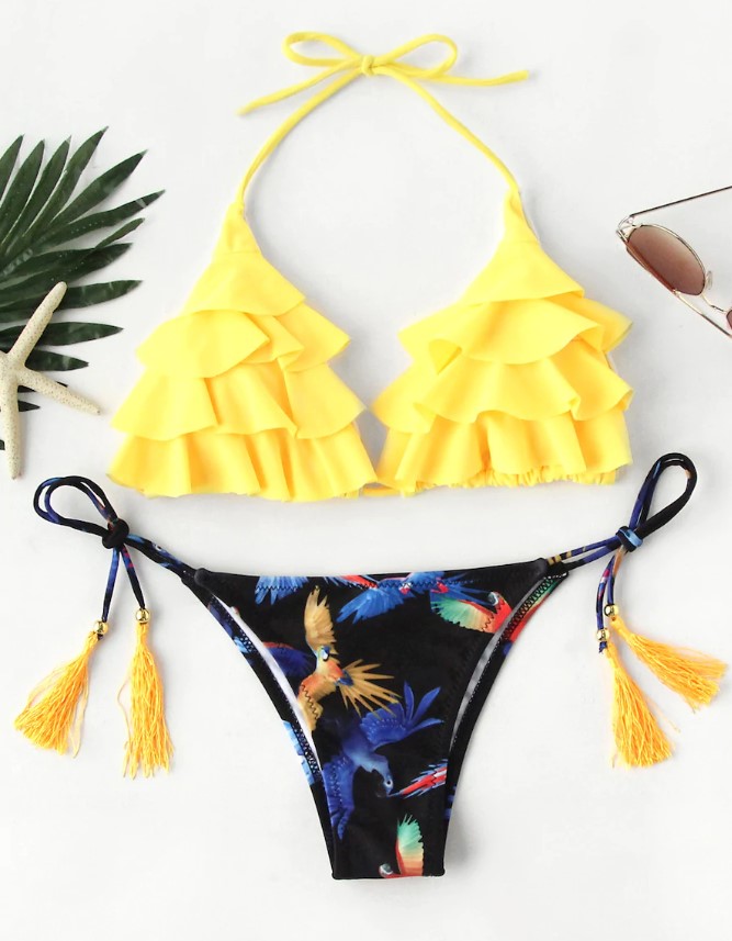 Bikini top with ruffles and tassels in yellow and black