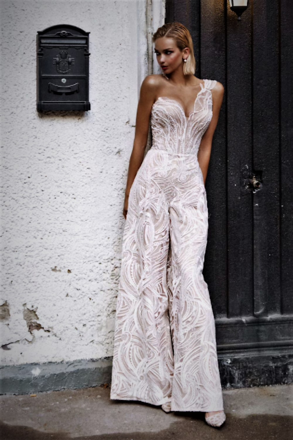 Corset wedding jumpsuit with wide trousers