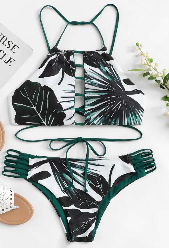 Leaf Print Bikini with Halter Top
