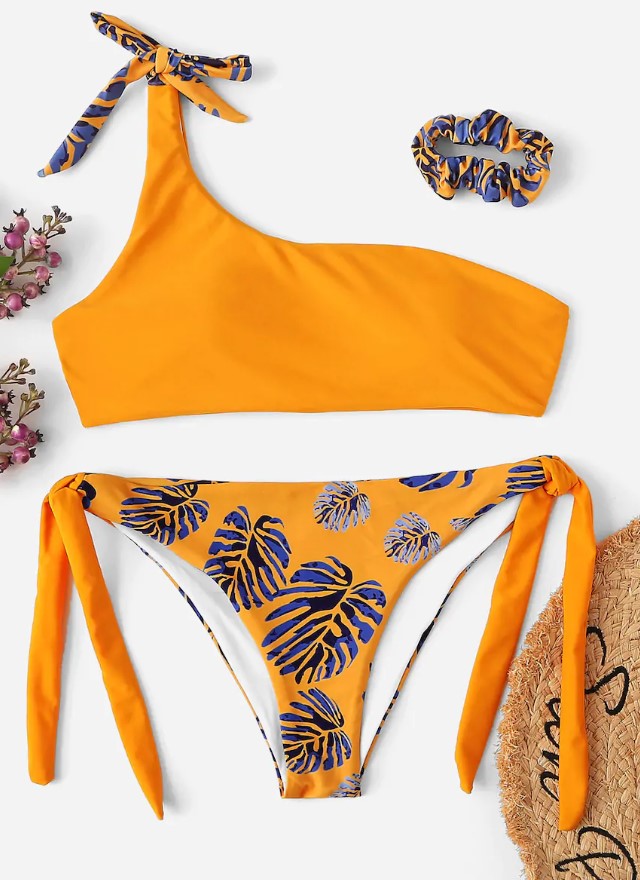 Yellow and Tropical Print One Shoulder Bikini