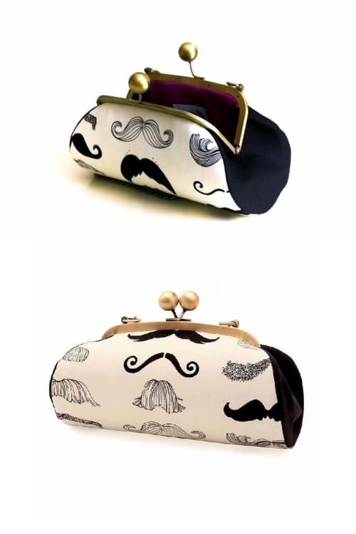Mustache Clutch with Straps, Black and White Purse, Kiss lock frame Purse, Party Clutch, Alexander Henry, Gifts for her2