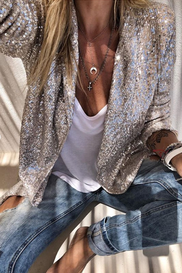 Silver Sequins Long Sleeve Cardigan