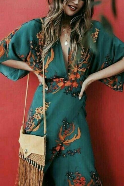 Floral Batwing Sleeve Slit Chinese Style Maxi Dress