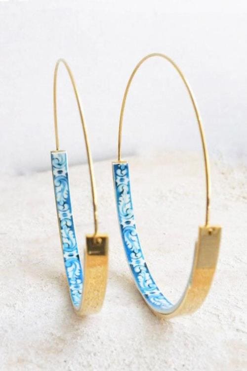 Hoops Atrio Earrings Tile STAINLESS STEEL Portugal Antique Azulejo Wire Flat Bottom Lightweight