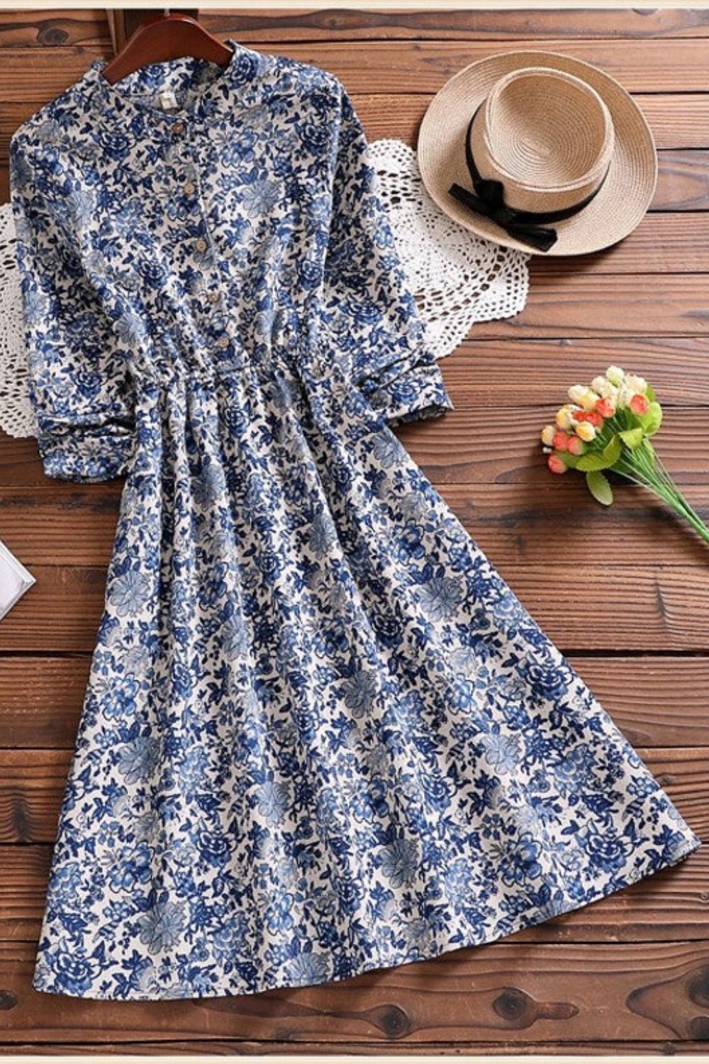 Vintage Style Floral Pattern Shirt Dress with Buttons