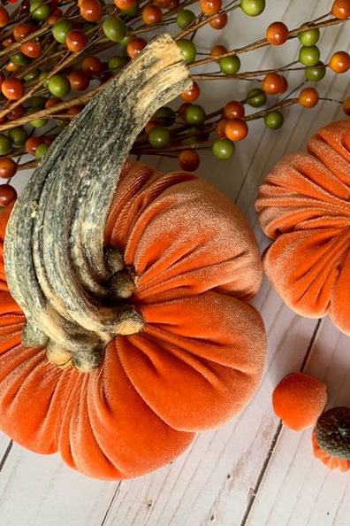 velvet pumpkins with real stems, velvet acorns, Thanksgiving decor, farmhouse decor, wedding decor, rustic decor, velvet decor