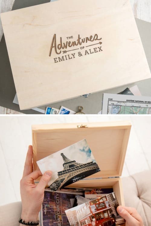 Personalized Wooden Keepsake Box - Personalised Memory Box - Unique Gift for Boyfriend Anniversary Him - Travel Adventure Gifts For Couples