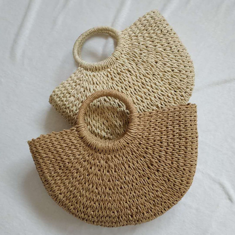 Rustic semi-circular straw summer beach bag
