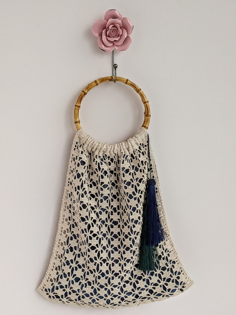 Handmade Crochet Bag with Bamboo Handles and Tassels