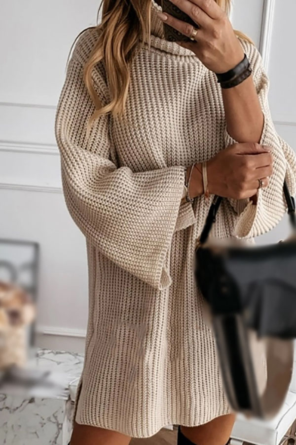Loose knit dress with turtleneck and flared sleeves