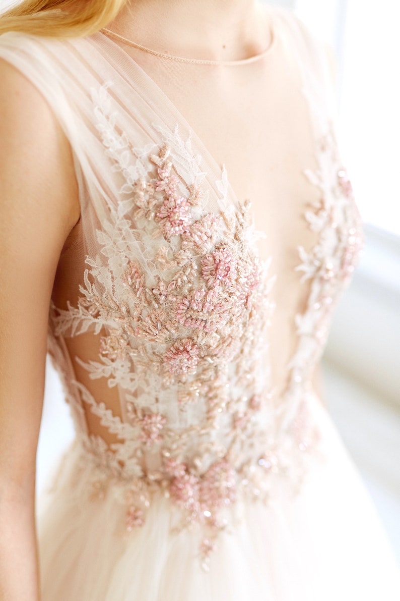 tulle wedding dress with lace embroidered top
