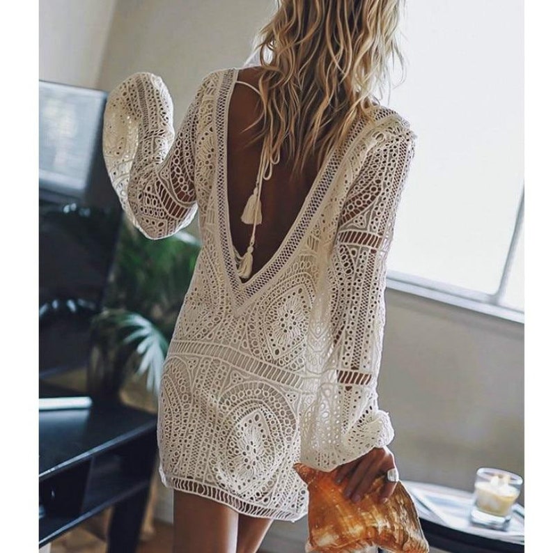 Sensual white crochet beach dress tunic
