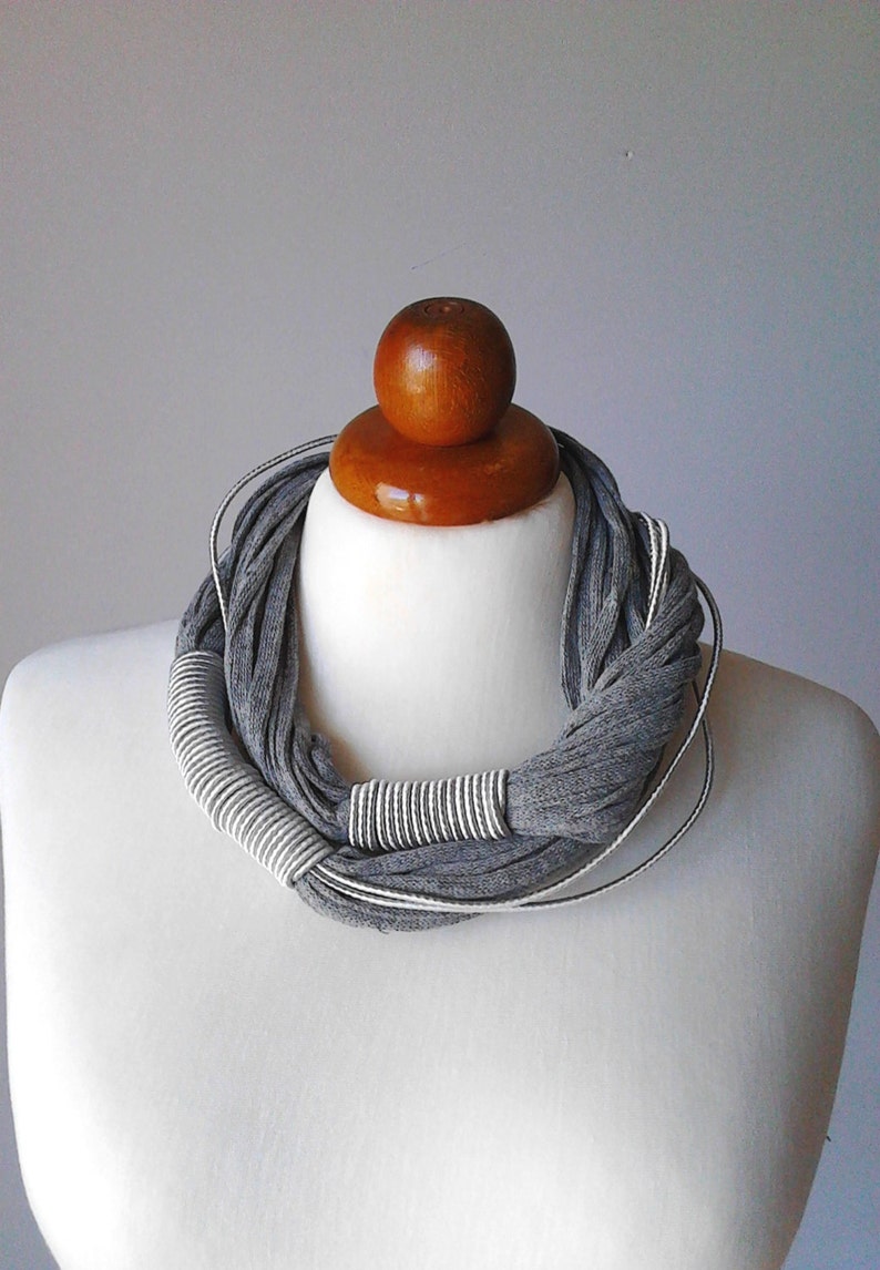 Grey and White Fabric Infinity Scarf Boho Necklace by Plexisart