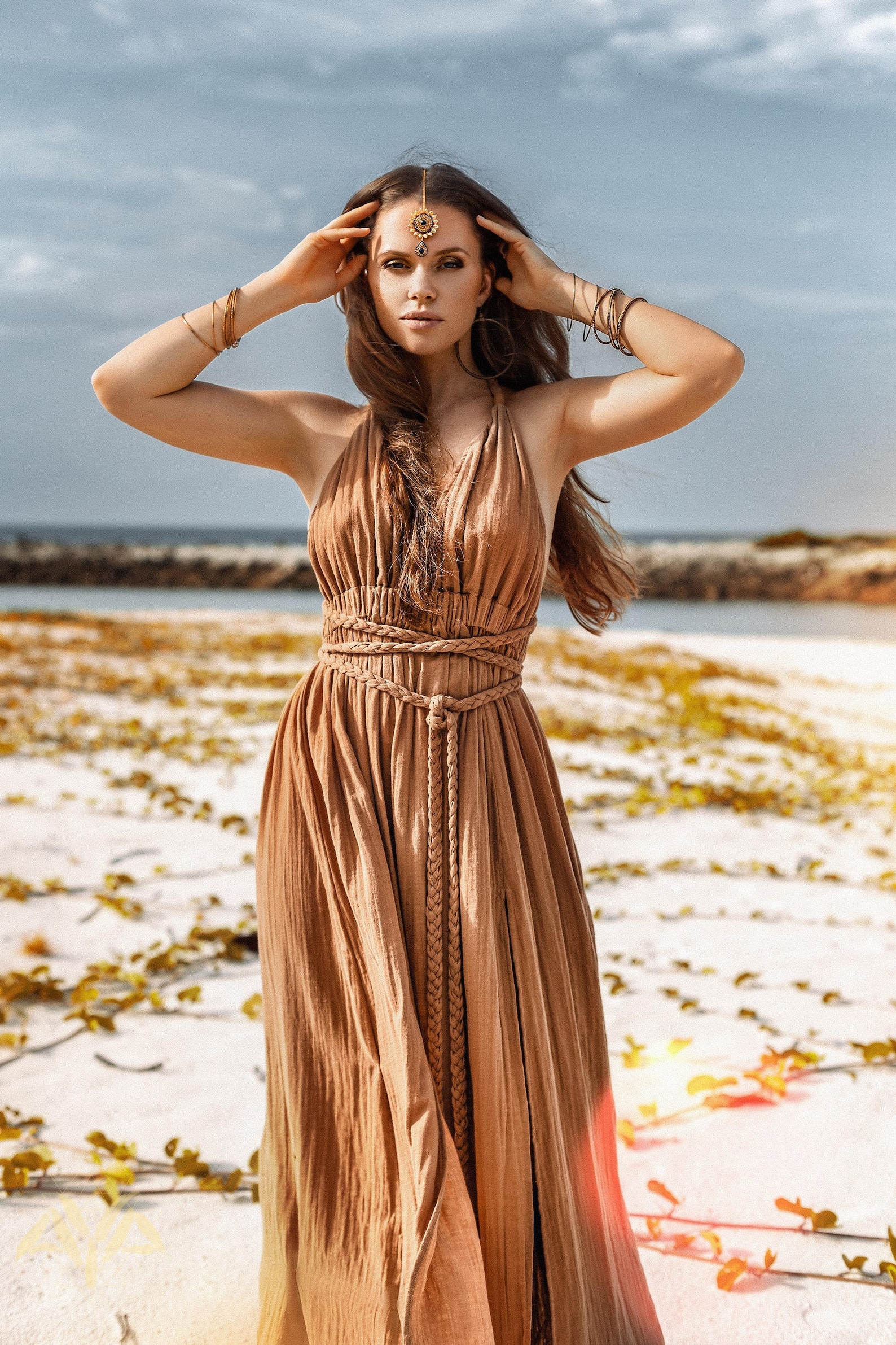 Ochre Bohemian Halter Maxi Dress • Greek Goddess Dress 3