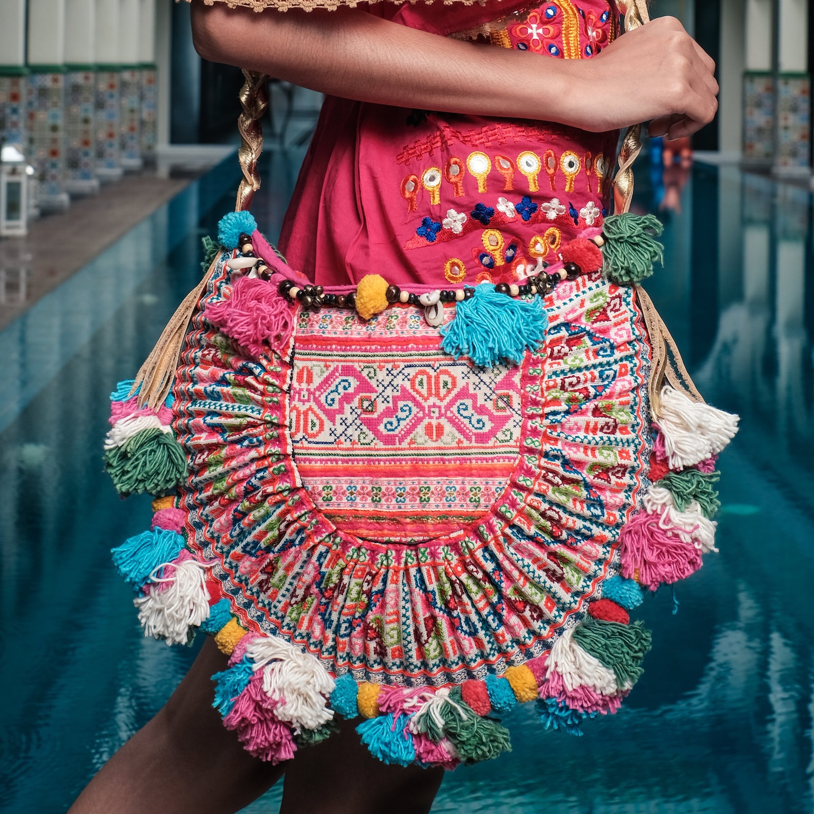 Bohemian Colorful Crossbody Bag Embroidered with PomPom