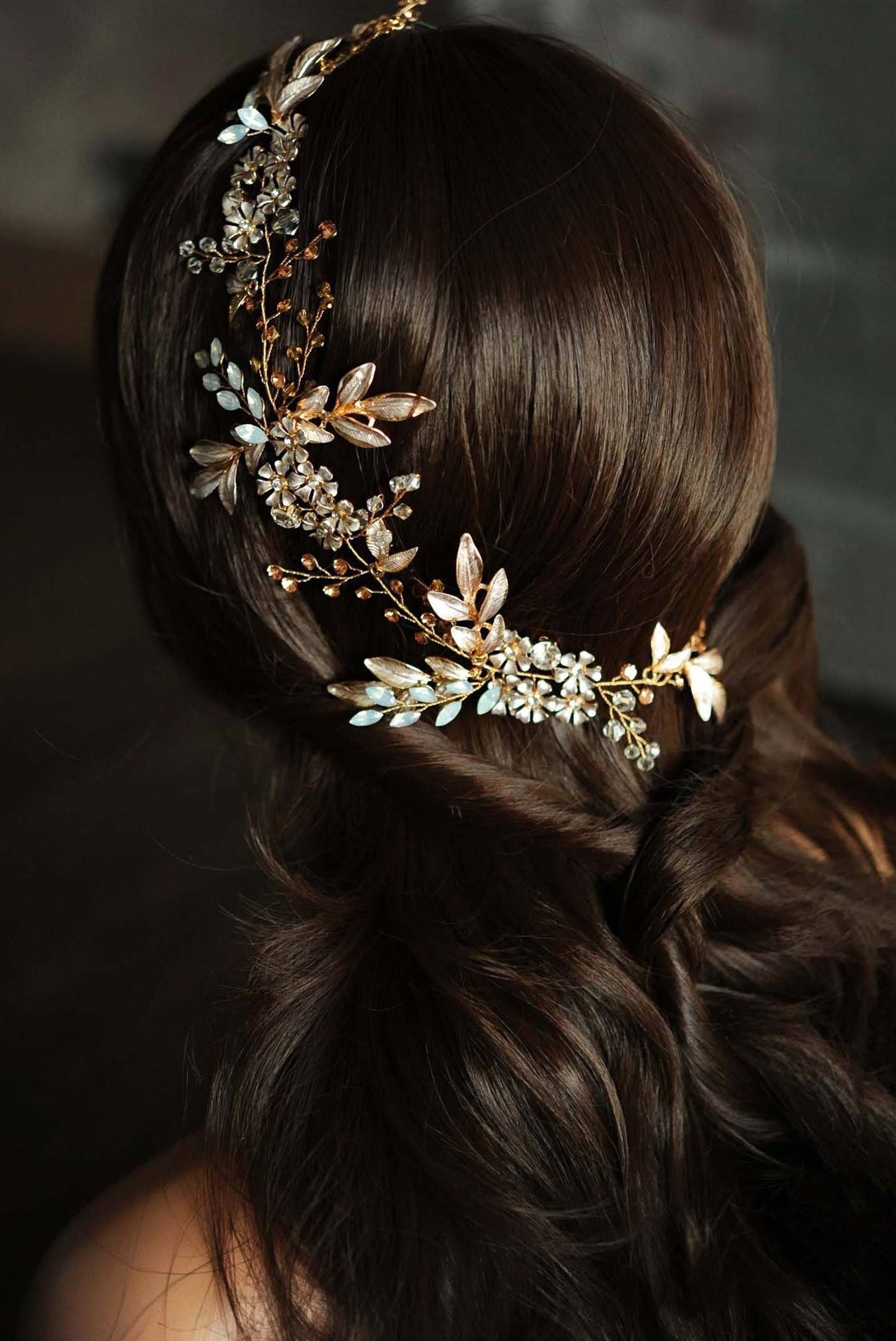 bridal boho hair vine tiara leaf motif with white and moonstone beading