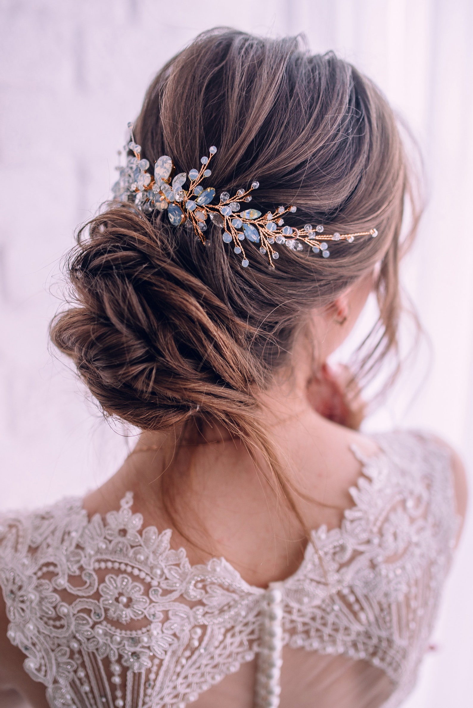 Modern circle motif hair vine with pearls and crystals