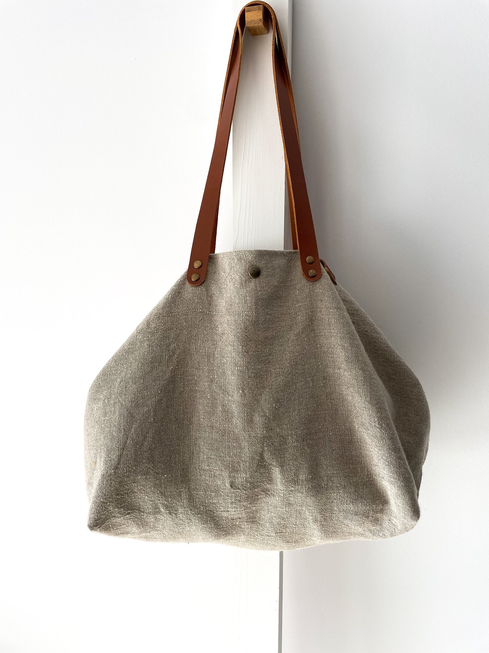 Handmade Knit Boho Linen Tote Bag with Leather Accents